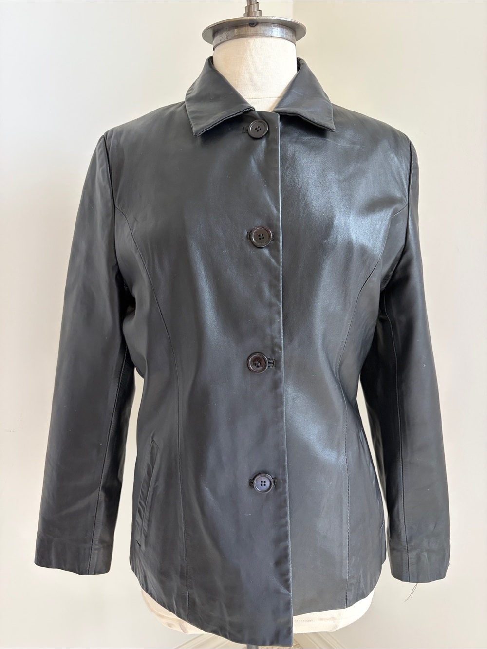 BEARDMORE Vintage Black Genuine Leather Button Front Blazer Jacket SIZE 12⁠